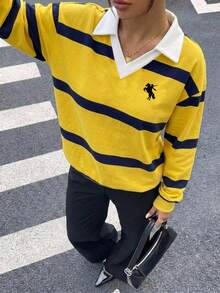 Muchica 休閒學院風黃色與海軍藍條紋印花馬標女款 Polo 領長袖寬鬆衛衣，適合秋冬穿著 - 彩色 - 查看 7