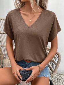 SHEIN Frenchy 女款純色V領蝙蝠袖短袖休閒T恤 - 紫紅色 - 查看 5