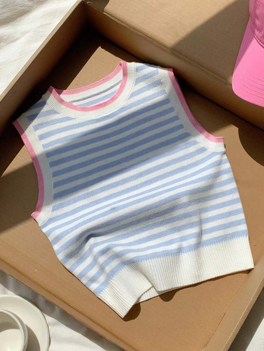 Comfortcana 2026年秋季/休閒可愛/Y2K服飾/可愛上衣/萬聖節/節慶穿搭/校園//波點/BL校外教師藍白條紋 - 藍色 - 查看 1