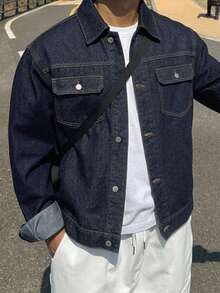 DAZY Men's Solid Color Denim Jacket, Autumn - Navy Blue - View 5