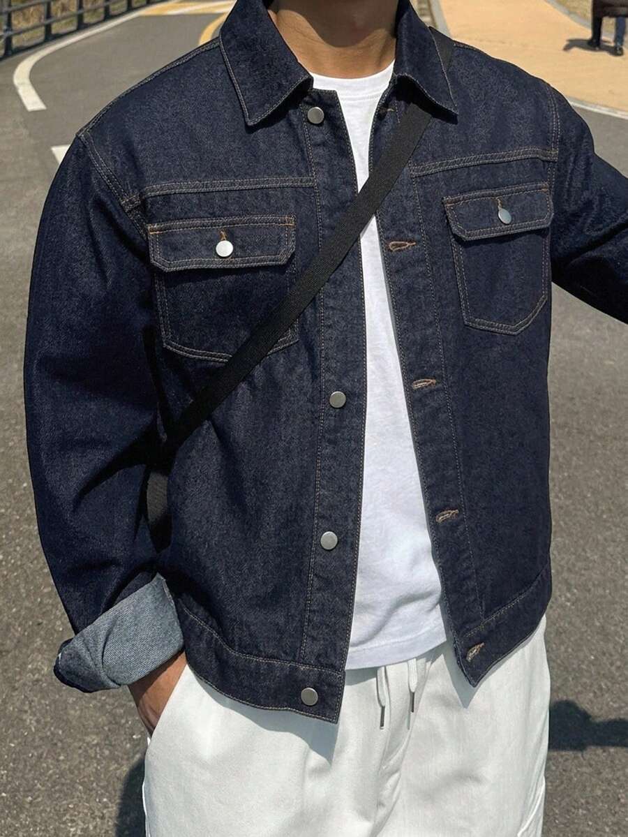 DAZY Men's Solid Color Denim Jacket, Autumn - Navy Blue - View 1