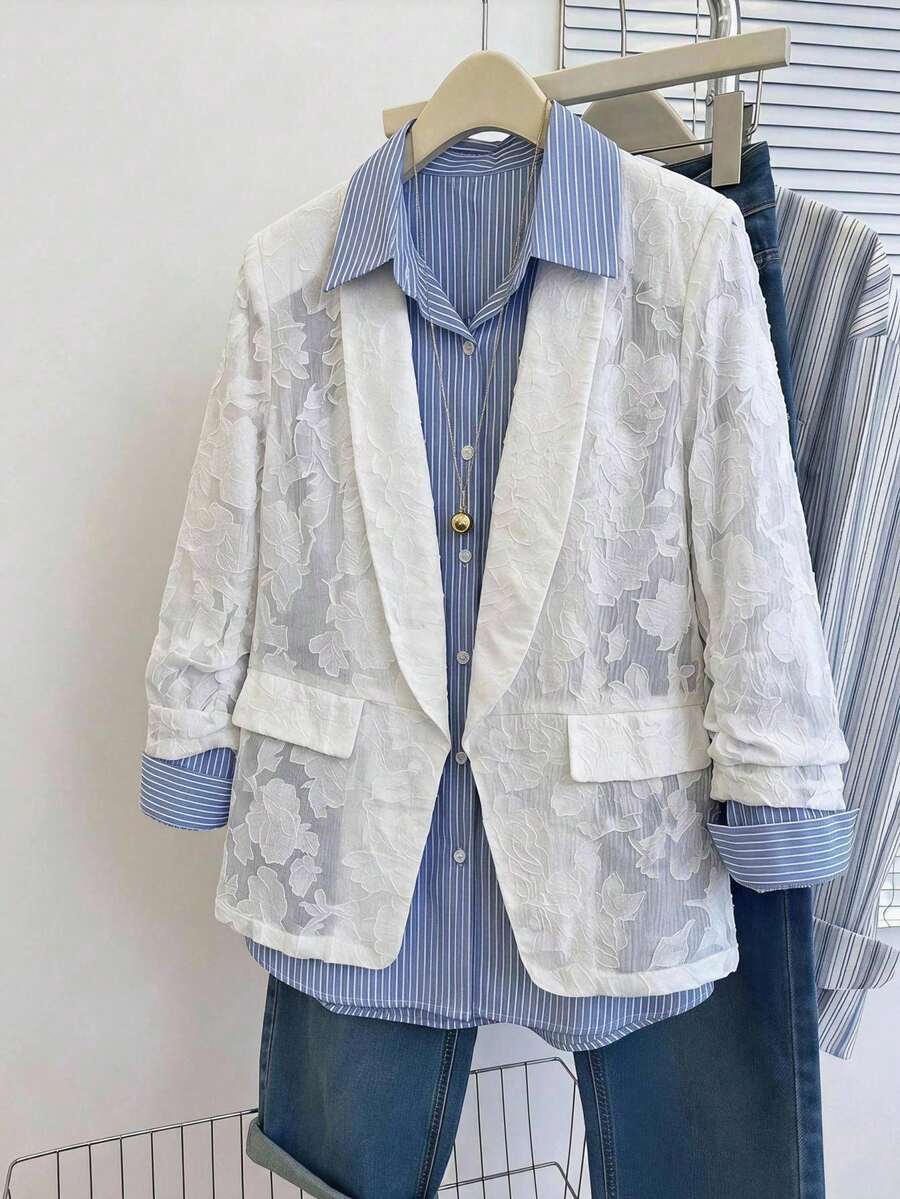 Reflora 白色大尺碼女款西裝外套，通勤與商務優雅穿著，夏季商務休閒女裝 / 教師節正式晚宴雞尾酒會
