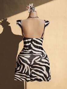 SHEIN ICON Women's Plus Size Zebra Print Tie-Up Ruffle Hem Dress - Apricot - View 2