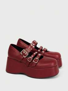 Sugerpunk Sandal Platform Bertumit Lame dengan Gesper Berduri untuk Wanita. - Burgundy - View 7