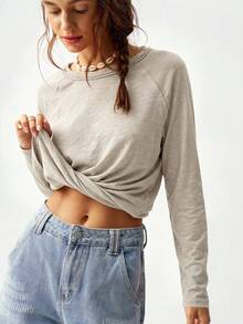 Bohemela Vacation Solid Color Knit Round Neck Raglan Sleeve Long Loose Fit Women T-Shirt Everyday Grey Autumn Casual - Beige - View 8