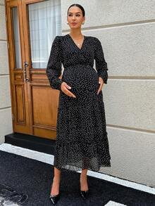 MaterniWear Maternity Polka Dot Print Lantern Sleeve Dress Fall - Black - View 4