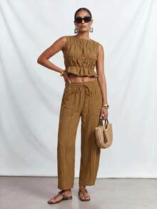 Zivah Women's Solid Color Drawstring Waist Casual Versatile Daily Outing Long Pants - Army Green - View 5