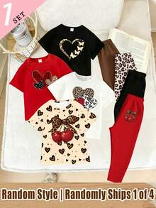 Caja Sorpresa Enviada al Azar 1 Set Niñas Pequeñas Camiseta Corta Básica + Leggings con Estampado Creativo de Leopardo, Corazón, Cereza, Lazo, Mariposa, Lunares y Letras con Eslogan - Multicolor - Ver 3