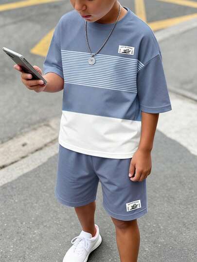 Teen Boy Casual Minimalist Short Sleeve Crew Neck T-Shirt And Shorts Set, Suitable For Summer