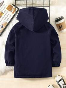 SHEIN 兒童小男孩休閒寬鬆連帽夾克填充外套 純黑色百搭款 適合運動、上學，春秋冬季穿著 - 藏蓝色 - 查看 4