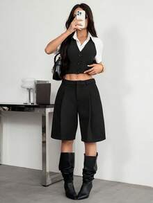 SHEIN PETITE 女款時尚口袋百褶西裝短褲 黑色 夏季休閒商務辦公通勤 - 黑色 - 查看 6