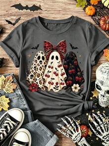 EMERY ROSE Halloween Ghost T-Shirt, Women's Halloween T-Shirt, Ghost Print T-Shirt - Dark Grey - View 3