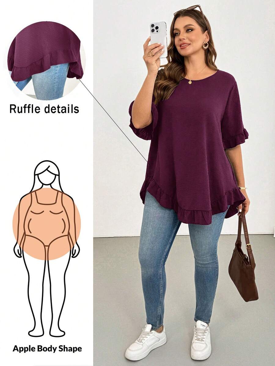 Shapeblank Blusa de talla grande casual de verano con unicolor y ribete de volantes