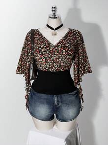 SHEIN ICON Women's Plus Size Floral Patchwork Ruffle Trim T-Shirt - Black - View 1