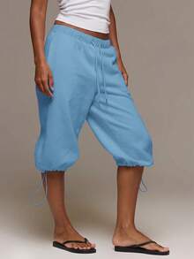 MUSERA Low Rise Adjustable Toggle Cropped Joggers Altitude Spring Summer Cute Vacation Holiday Airport Lounge Casual Everyday - Teal Blue - View 3