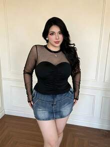 Vibekara Polka Dot Mesh 2 In 1 Top, Plus Size Ruched Waist Sheer Base Layer, Flocked Polka Dot Mesh Long Sleeve Top, 2 In 1 Bandeau Ruched Waist Slimming Sexy - Black - View 4