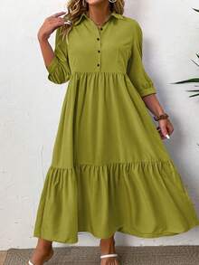 SHEIN LUNE Plus Size Solid Color Mid-Length Sleeve Ruched Front Button Simple Casual Dress, For Thanksgiving Maxi Women Outfit Fall - Olive Green - View 6