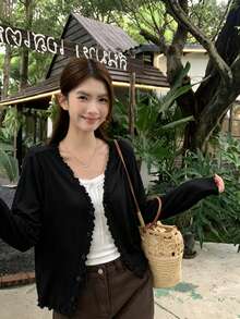 K-Vae Women's Casual Minimalist Basic Versatile Solid Color Thin Cardigan Office Black Autumn - Black - View 7