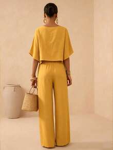 SHEIN Veneréa Women's Solid Color Loose Wide-Leg Pants Set, Summer - Mustard Yellow - View 2