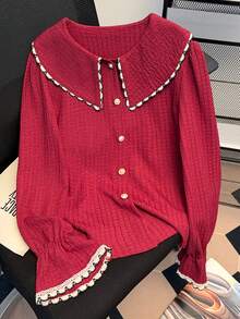 Franclia New Arrival Colorblock Cute Puff Sleeve Women's Blouse - Burgundy - View 3
