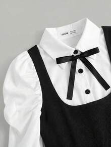 SHEIN Girlism 兒童青少年女孩 2合1 黑色長袖領口連身裙附領結，學院風可愛制服，開學季秋季白色 - 黑與白 - 查看 3