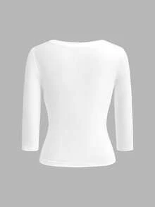 Comfortcana 3pcs Kaos Basic Putih, Hitam, Pink Muda, Leher V Dalam, Pas Badan, Lengan Sedang, Cocok untuk Kembali ke Sekolah, Atasan Awal Musim Gugur, Cocok untuk Perjalanan Sehari-hari, Pesta, dan Kerja - MultiWarna - View 4