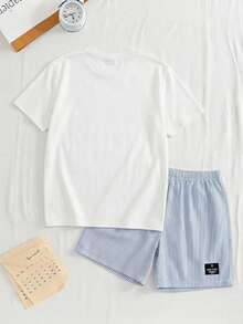 SHEIN 青少年男孩夏季簡約休閒短袖T恤與條紋短褲兩件套，寬鬆舒適居家睡衣，休閒學院風舒適時尚簡約實用百搭，柔軟面料適合日常穿著、上學、旅行、居家、度假 - 白色 - 查看 4