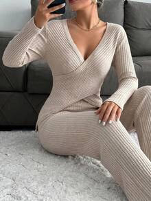 Cotton Ladies' Crisscross Ribbed Long Sleeve T-Shirt And Pants Two Pieces Set - Apricot - View 4
