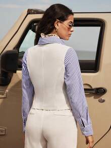 Nima Coro Áo vest không tay cổ V xẻ trước thêu họa tiết, vải linen lyocell màu trắng ngà, phong cách thanh lịch preppy cổ điển tối giản, dành cho nữ công sở, đi làm, đi chơi, du lịch và mặc hàng ngày - Màu be - Xem 3
