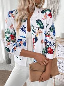 EMERY ROSE Tropical Print Zip Up Baseball Jacket For Spring And Autumn Fall Winter Cloth For Women - Multicolor - View 5