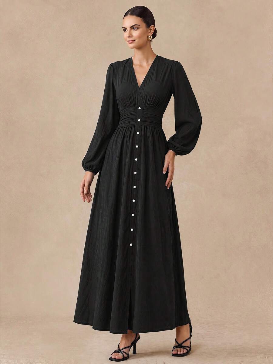 Almamuse Elegant Black Maxi Dress,V-Neck Single-Breasted Long Sleeve Flared Party Night Dress,Fashionable Versatile Women Autumn Spring Clothing - Black - View 1