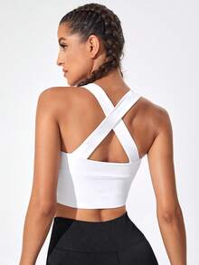 SHEIN Cheerettes 拉鏈開襟後背十字交叉運動型胸罩 - 白色 - 查看 2