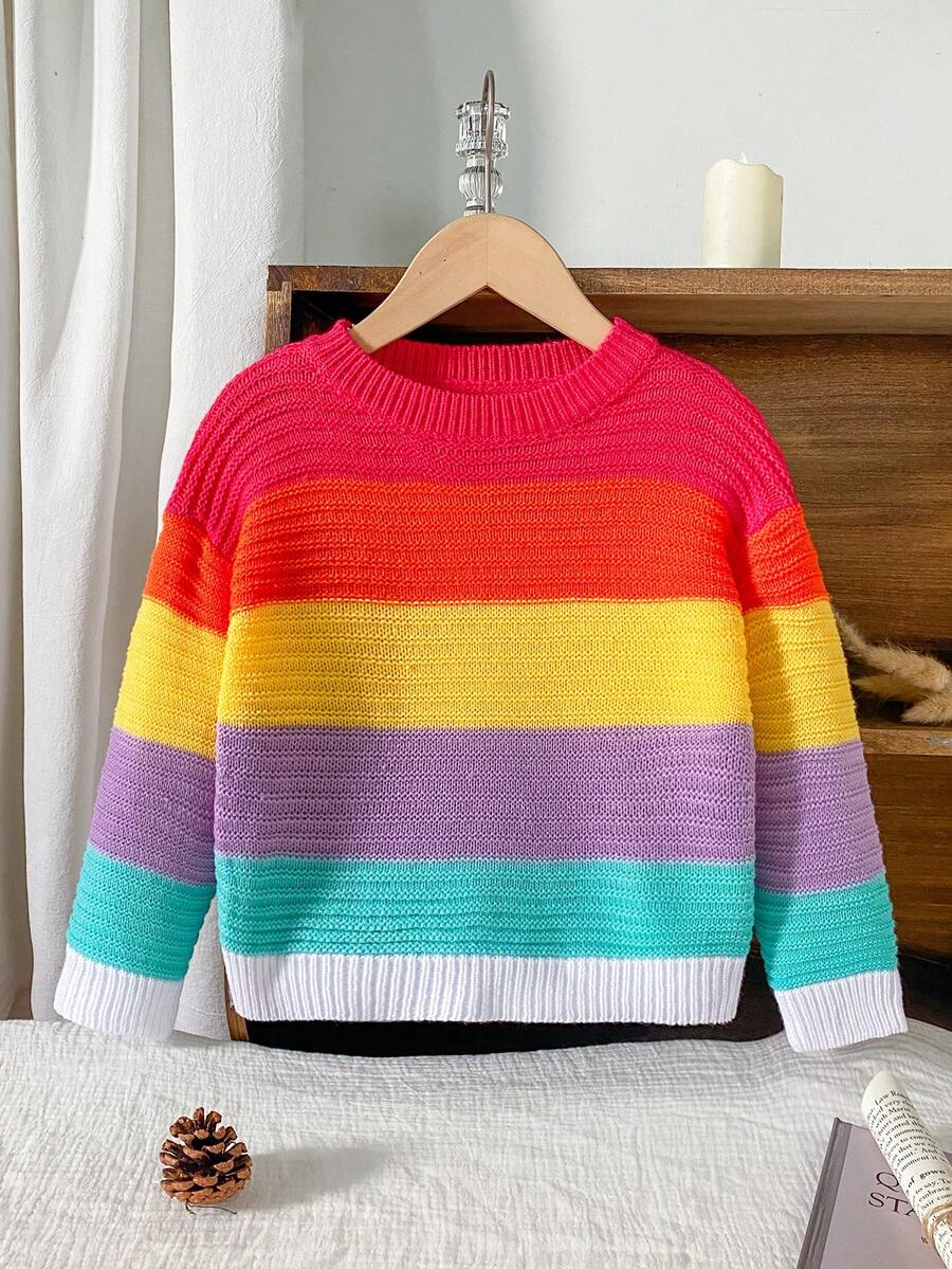 SHEIN Genkimix Kids 女童秋冬休閒彩色條紋毛衣 - 彩色 - 查看 1