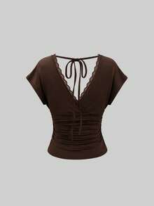 Rovax Deep Brown Lace V-Neck Tie Back Slimming High Waist T-Shirt - Brown - View 4