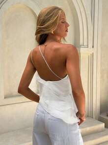 Aloruh Spring/Summer New Elegant Romantic Date Holiday Brunch Valentine's Day Wedding Season White Chiffon One-Shoulder Backless Multi-Layer Ruffle Blouse - White - View 2