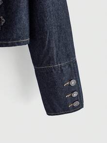 ROMWE Grunge Punk Nautical Punk Vintage Metal Buckle Distressed Washed Denim Lightweight Jacket - Dark Wash - View 4