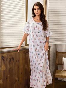 Serenescape Camisola Longa Feminina Casual Estilo Férias com Estampa Floral, Patchwork, Babado na Barra e Manga Curta - Branco - Visão 1