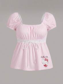 CovetEZ HELLO KITTY AND FRIENDS | SHEIN 休閒極簡可愛聯名卡通對比蕾絲裝飾條紋女款T恤，適合春/夏 - 彩色 - 查看 6