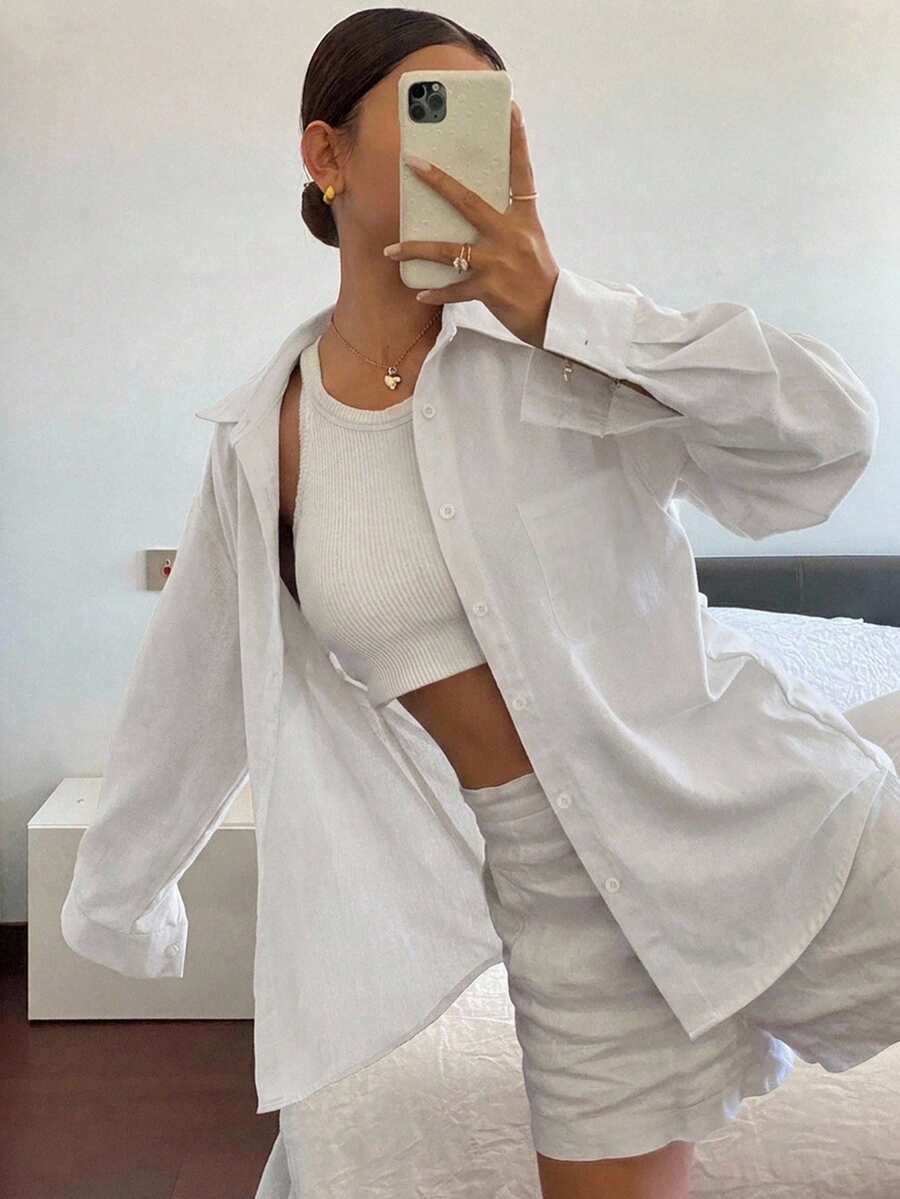 DAZY 女款純色休閒百搭春夏寬鬆長袖翻領口袋襯衫 - 白色 - 查看 1