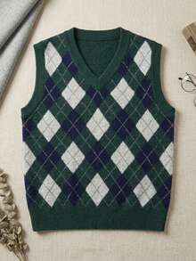 Lalippa Atasan Rajut Kasual Wanita Motif Berlian Gaya Vintage Retro untuk Sehari-hari, Cocok untuk Wisuda Sekolah, Warna Hijau Gingham, dan Musim Panas. - MultiWarna - View 3