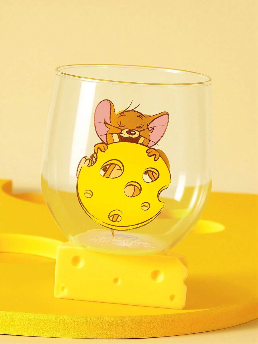 TOM & JERRY X SHEIN 卡通貓鼠印花高硼矽玻璃杯,24.35oz/720ml大容量保溫杯,起司圖案,可愛角色玻璃器皿,適合日常使用 - 無色 - 查看 1