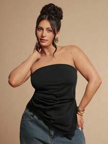 SHEIN BAE CURVE 大尺碼女款蕾絲飾邊休閒百搭日常穿搭抹胸上衣 - 黑色 - 查看 6