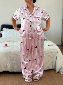 Napfluff CURVE Napfluff CURVE Plus Size Women's Faux Silk Cherry Striped Letter Print Lapel Front Button Pajama Set - Pink - View 5
