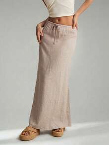 SHEIN PETITE Modischer Damen-Maxirock im Pendler-Stil in Apricot, 100% Baumwolle - Aprikosenfarben - Übersicht 6