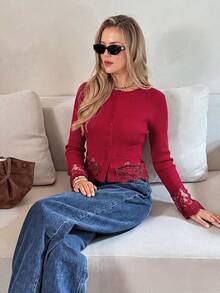 Serisse 女款素色長袖單排扣蕾絲下擺修身T恤 - 酒紅色 - 查看 8