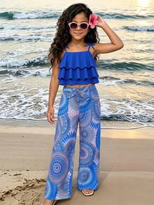 SHEIN Set de 2 piezas de top de camisola con tirantes finos y pantalones de niña preadolescente de color liso - Azul - Ver 1