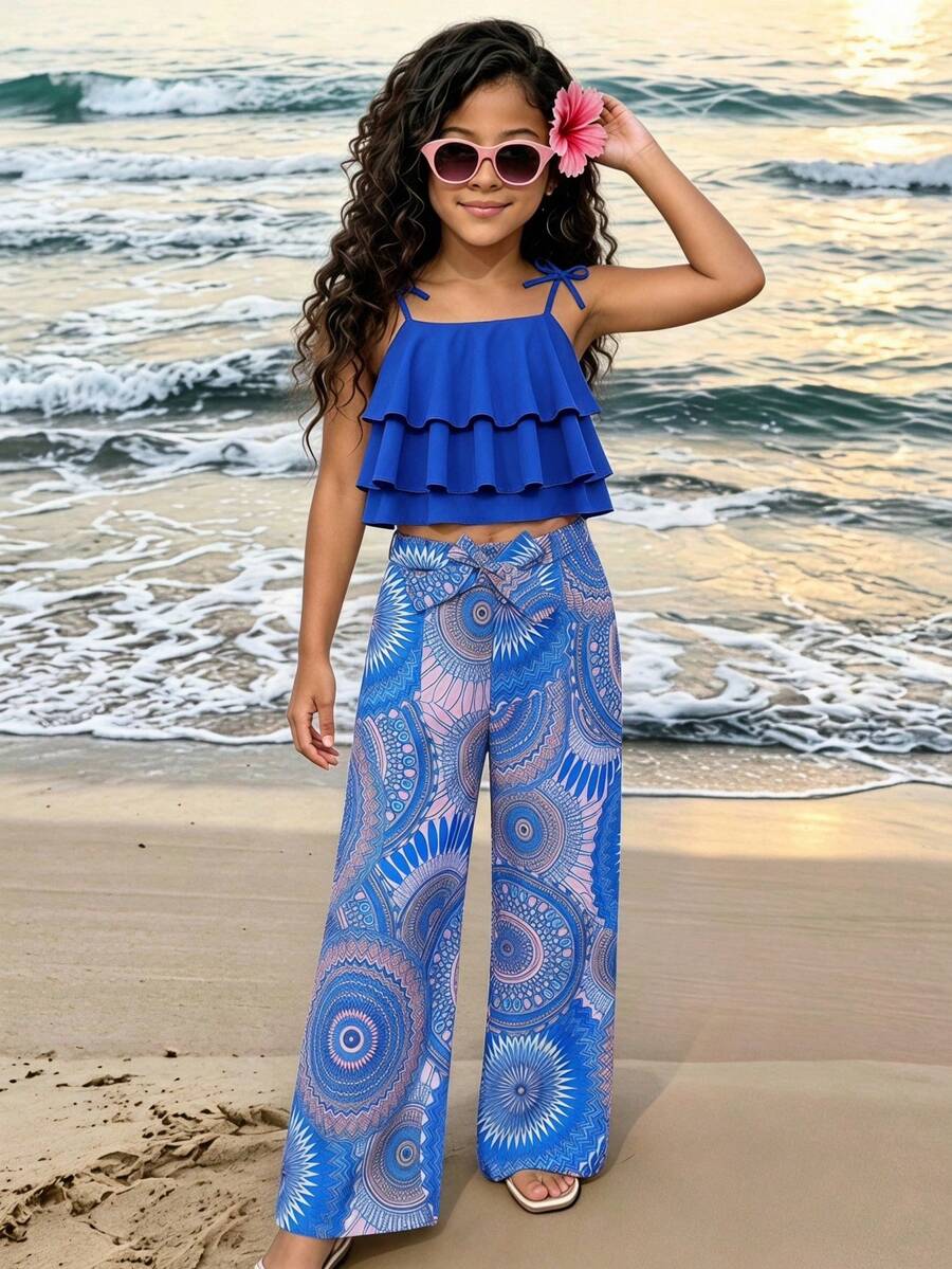 SHEIN Set de 2 piezas de top de camisola con tirantes finos y pantalones de niña preadolescente de color liso - Azul - Ver 1