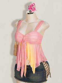SHEIN ICON Women's Asymmetrical Ombre Mesh Ruffle Hem Camisole - Pink - View 4