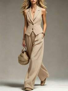 Everyssa Women's Khaki Sleeveless Blazer Vest & Wide Leg Pants 2 Pieces Set, Fashion Commuter Suit - Khaki - View 7