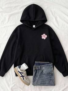 SHEIN Felpa casual grigia con tasche per ragazze pre-adolescenti, pullover multifunzionale a maniche lunghe, autunno/inverno - nero - Visualizzare 2